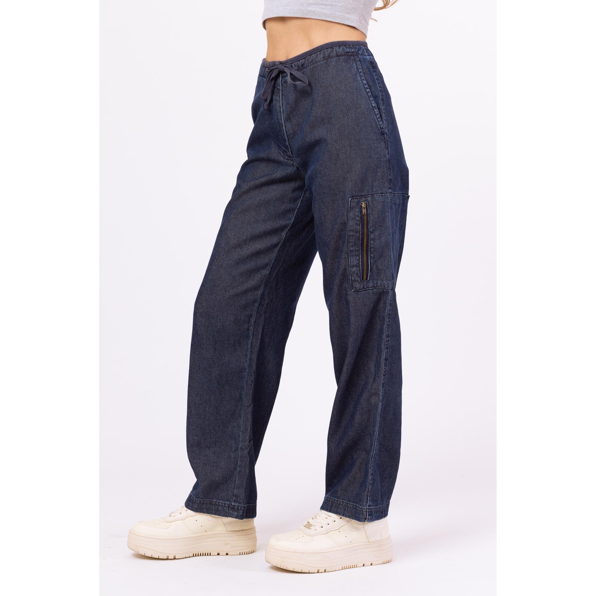 Vintage Y2K Chambray Drawstring Waist Cargo Jeans - Petite XS, 24" Waist | Vintage Straight Leg Dark Wash Denim Look Pants