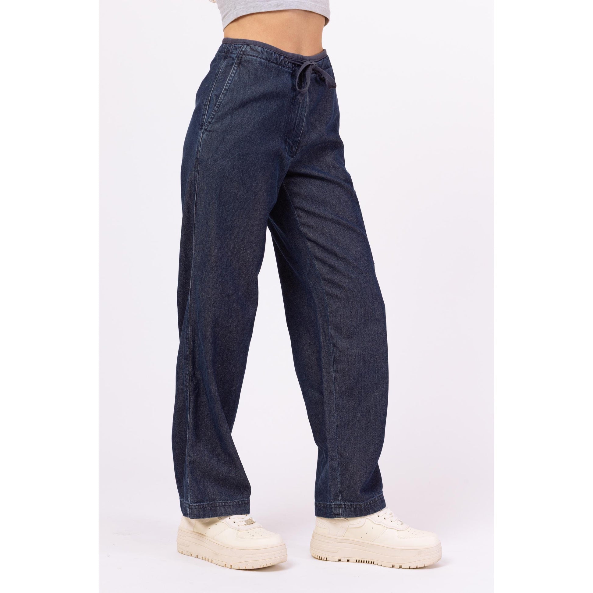 Vintage Y2K Chambray Drawstring Waist Cargo Jeans - Petite XS, 24" Waist | Vintage Straight Leg Dark Wash Denim Look Pants