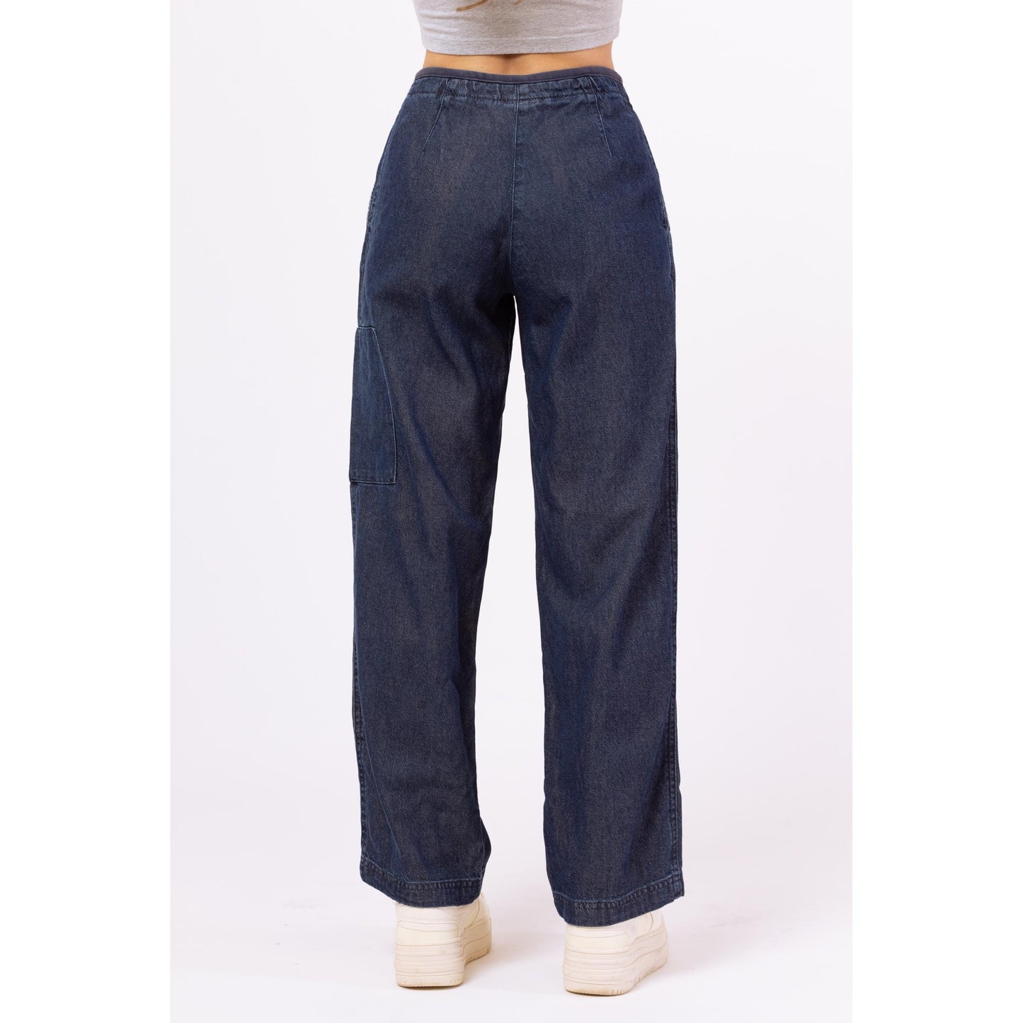 Vintage Y2K Chambray Drawstring Waist Cargo Jeans - Petite XS, 24" Waist | Vintage Straight Leg Dark Wash Denim Look Pants
