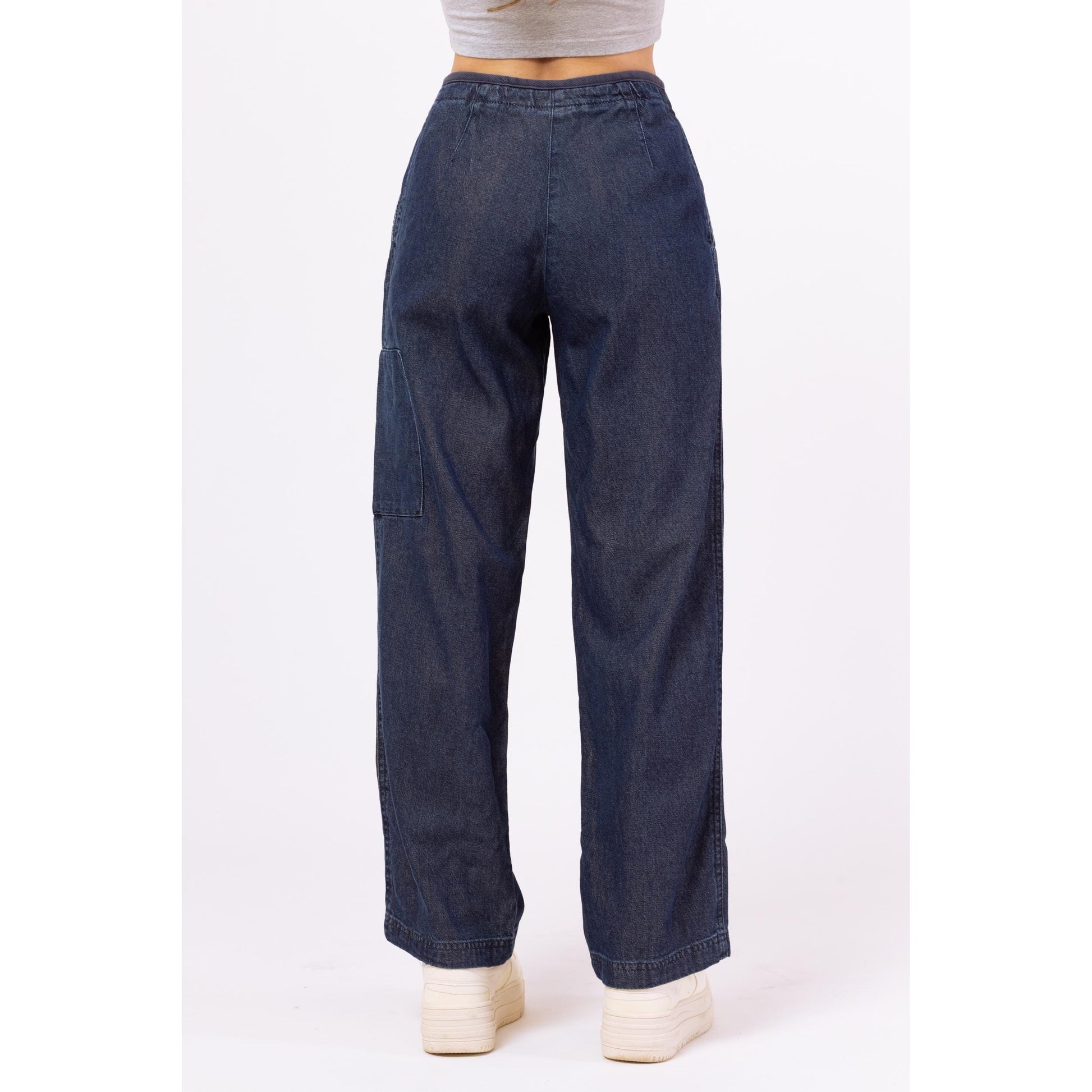 Vintage Y2K Chambray Drawstring Waist Cargo Jeans - Petite XS, 24" Waist | Vintage Straight Leg Dark Wash Denim Look Pants