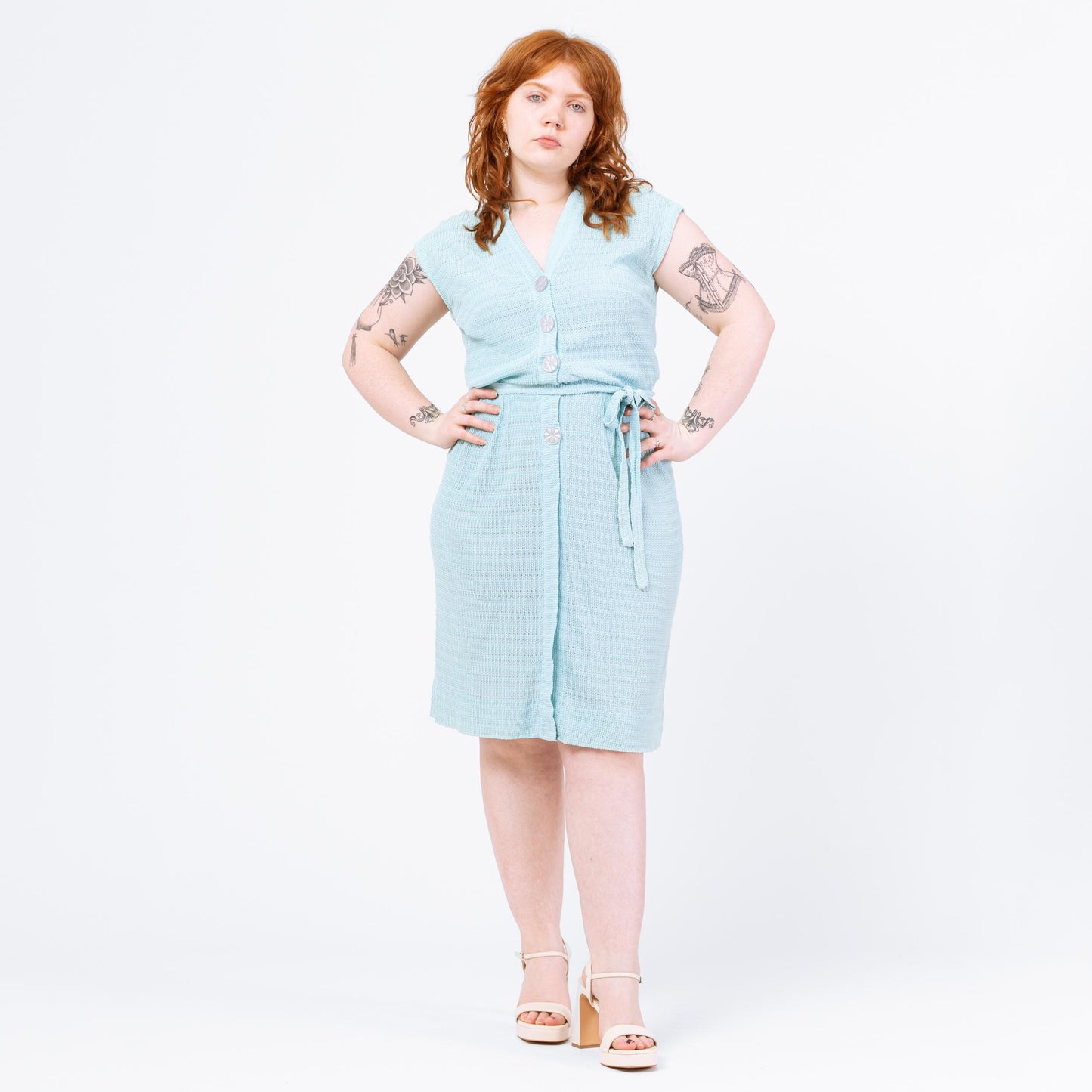 Vintage 1950s Pastel Blue Ribbon Knit Midi Dress - Medium to Large | Retro 50s Cap Sleeve Button Up Shirtwaist Sundress