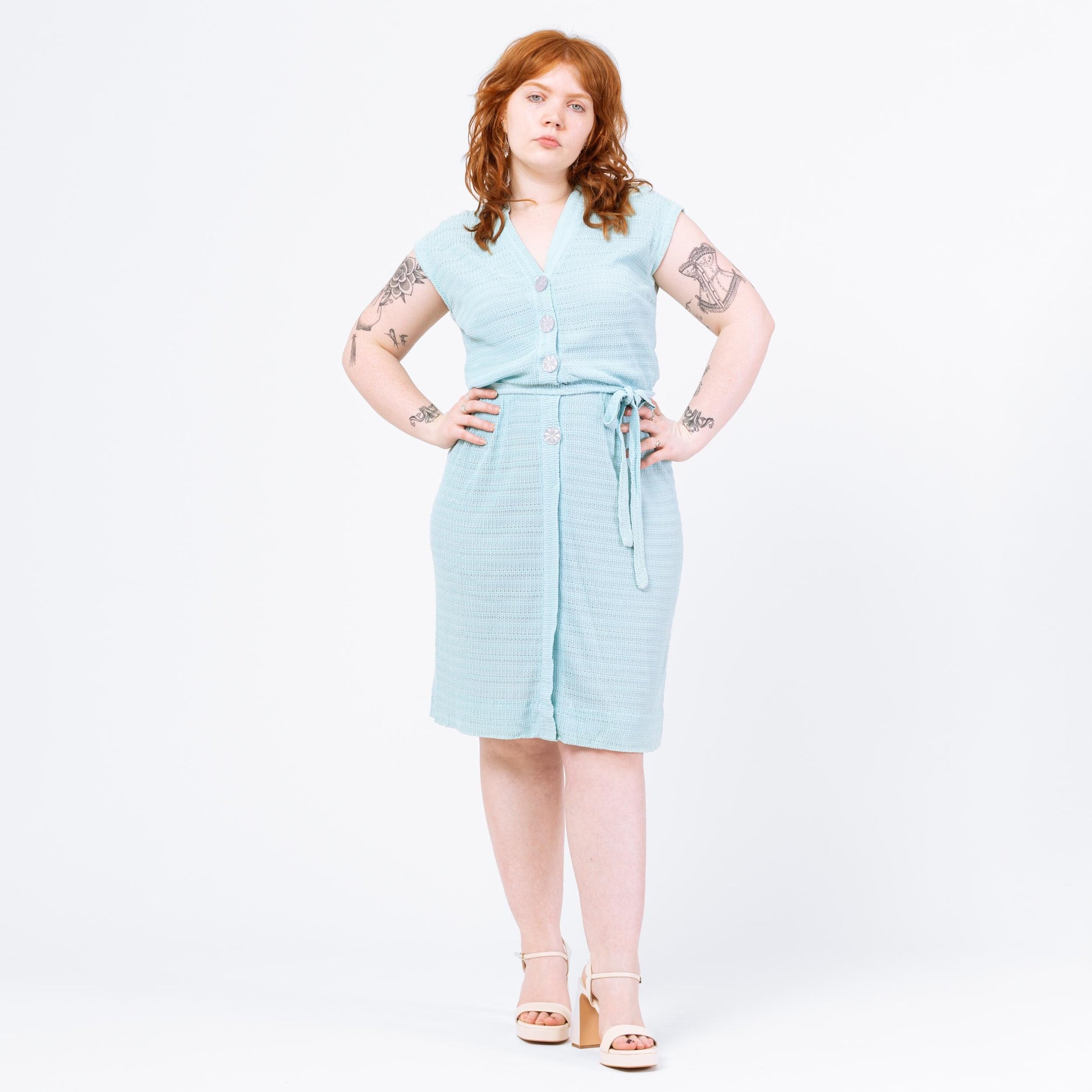 Vintage 1950s Pastel Blue Ribbon Knit Midi Dress - Medium to Large | Retro 50s Cap Sleeve Button Up Shirtwaist Sundress