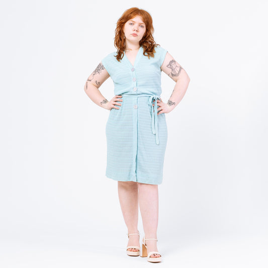 Vintage 1950s Pastel Blue Ribbon Knit Midi Dress - Medium to Large | Retro 50s Cap Sleeve Button Up Shirtwaist Sundress