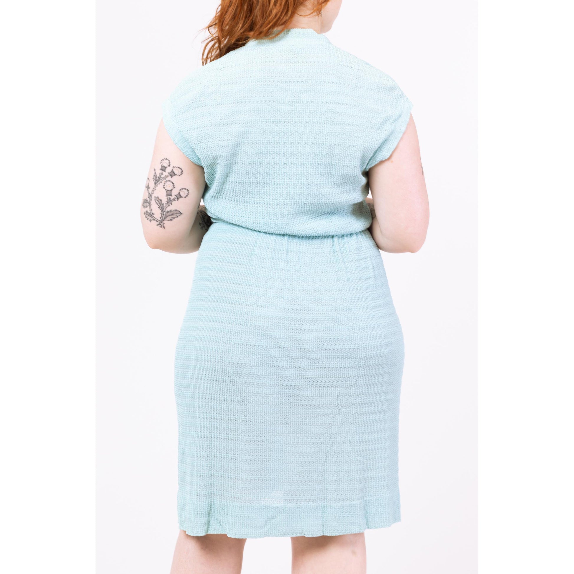 Vintage 1950s Pastel Blue Ribbon Knit Midi Dress - Medium to Large | Retro 50s Cap Sleeve Button Up Shirtwaist Sundress