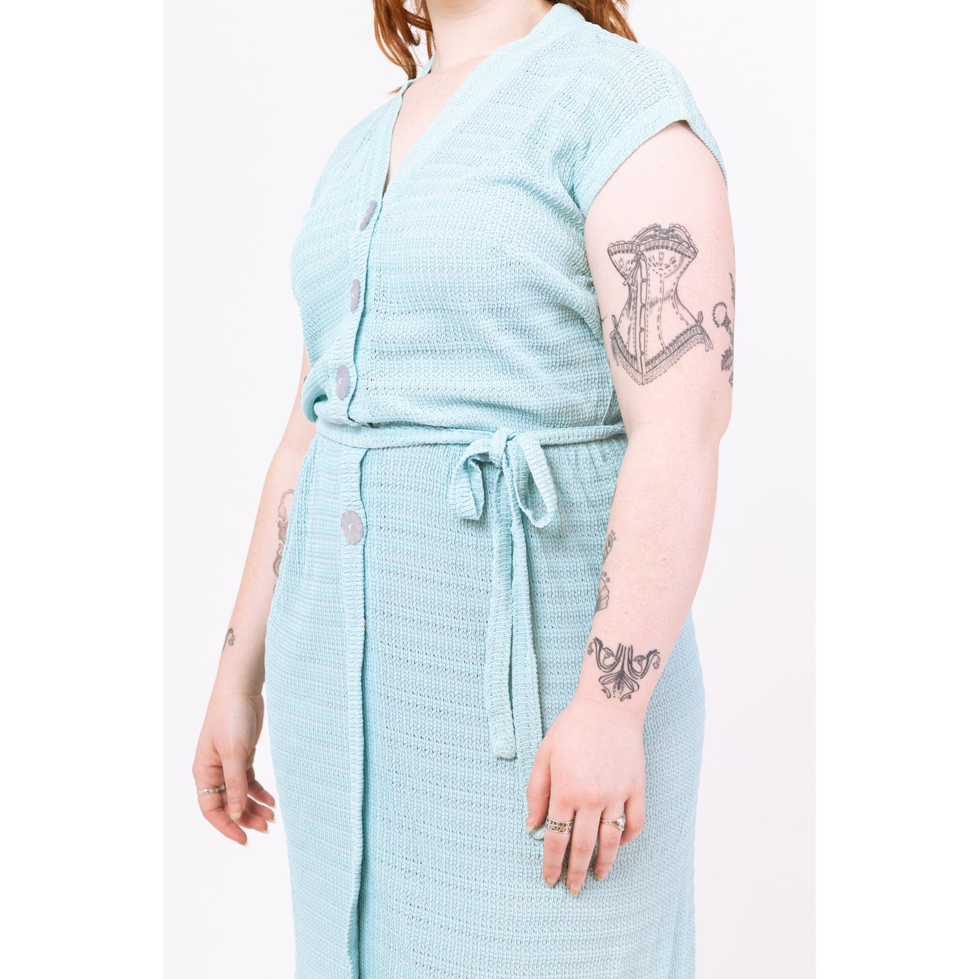 Vintage 1950s Pastel Blue Ribbon Knit Midi Dress - Medium to Large | Retro 50s Cap Sleeve Button Up Shirtwaist Sundress