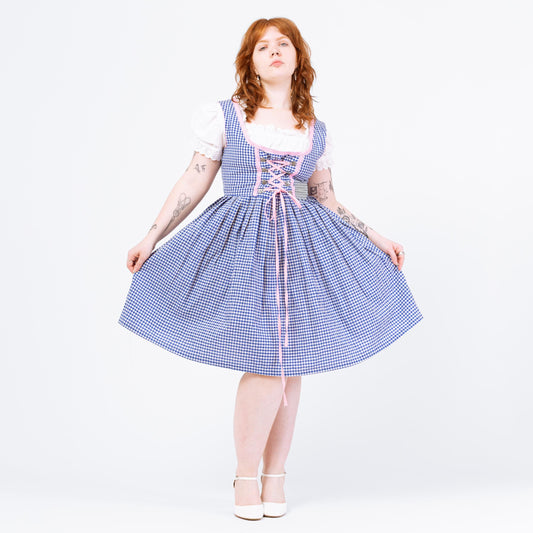 Retro Blue & White Gingham Dirndl Midi Dress - Large | German Octoberfest Costume Sleeveless Fit Flare Folk Trachten Cottagecore Dress