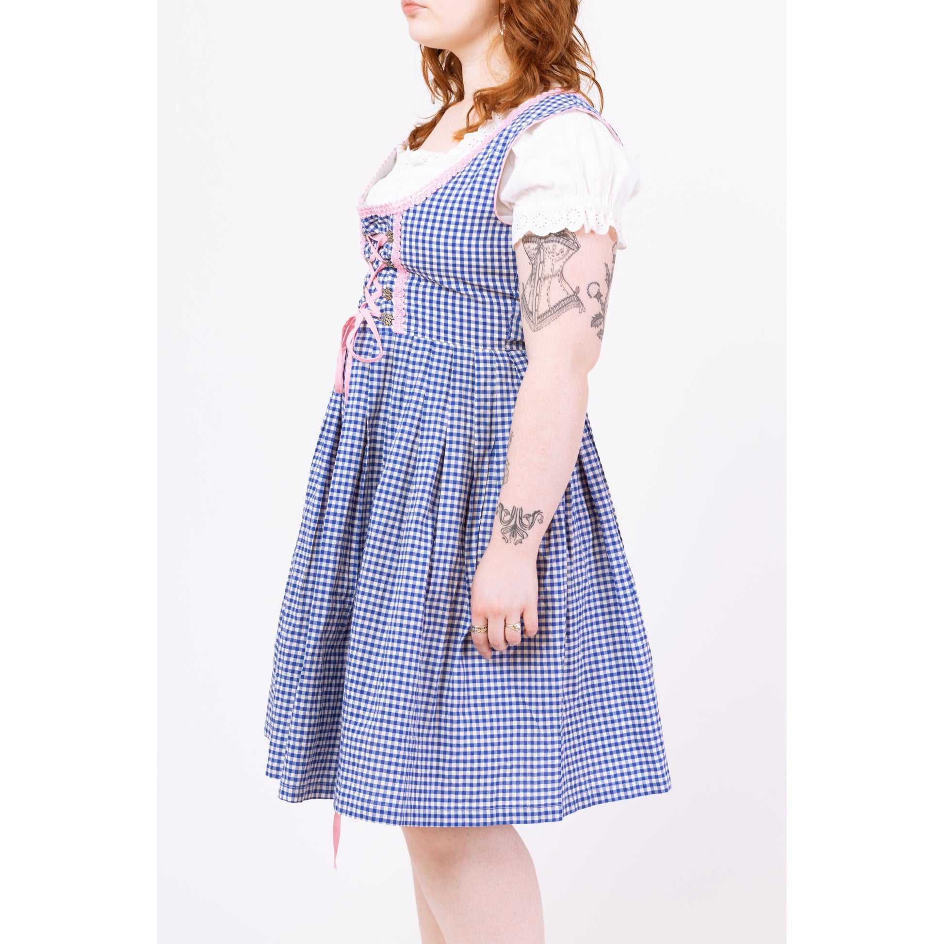 Retro Blue & White Gingham Dirndl Midi Dress - Large | German Octoberfest Costume Sleeveless Fit Flare Folk Trachten Cottagecore Dress
