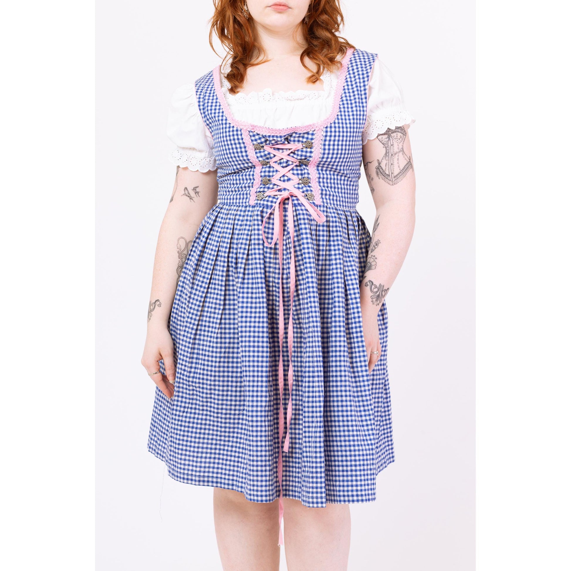 Retro Blue & White Gingham Dirndl Midi Dress - Large | German Octoberfest Costume Sleeveless Fit Flare Folk Trachten Cottagecore Dress