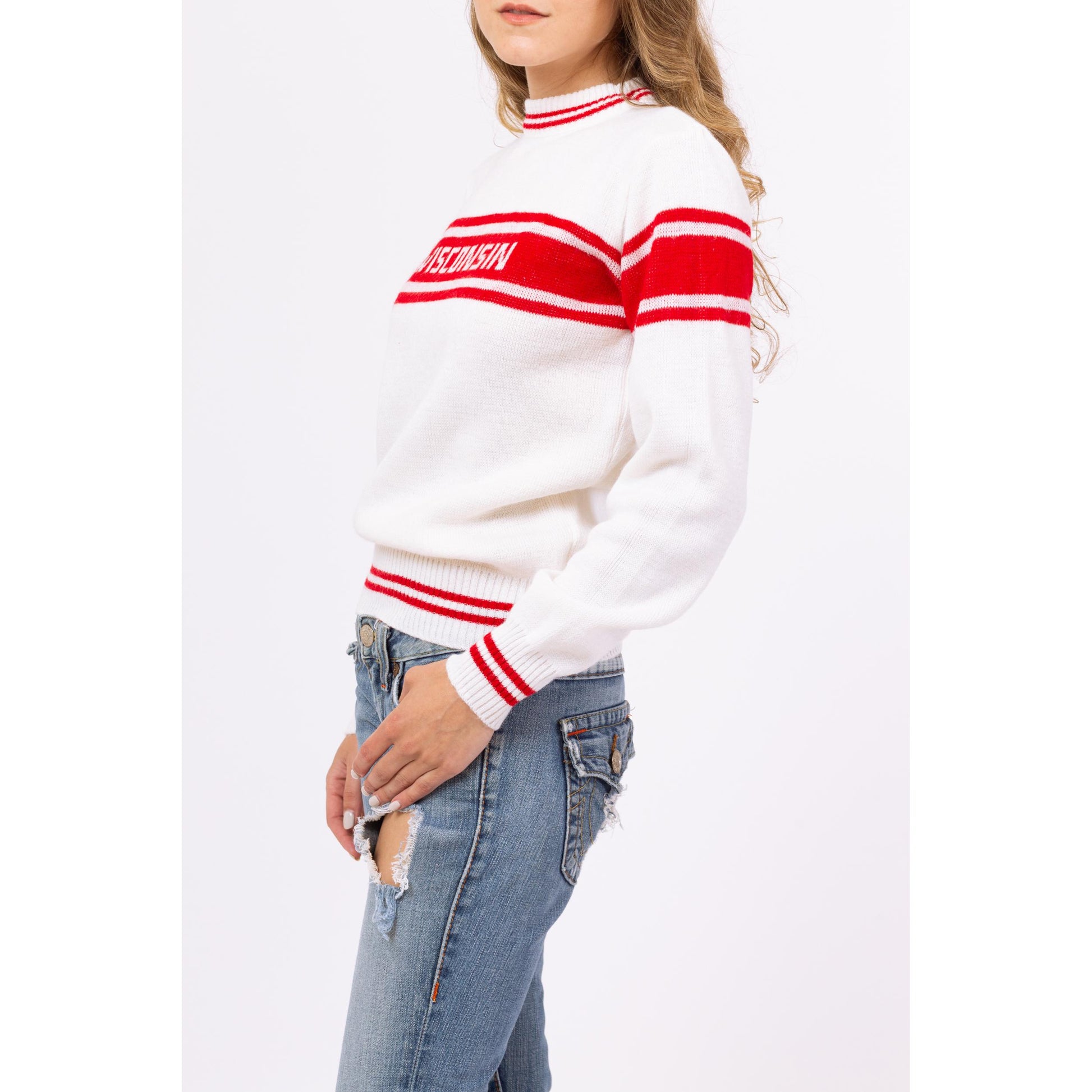 Vintage 80s University Of Wisconsin Knit Sweater - Small | White Red Striped Pullover, Collegiate Sports Sweater