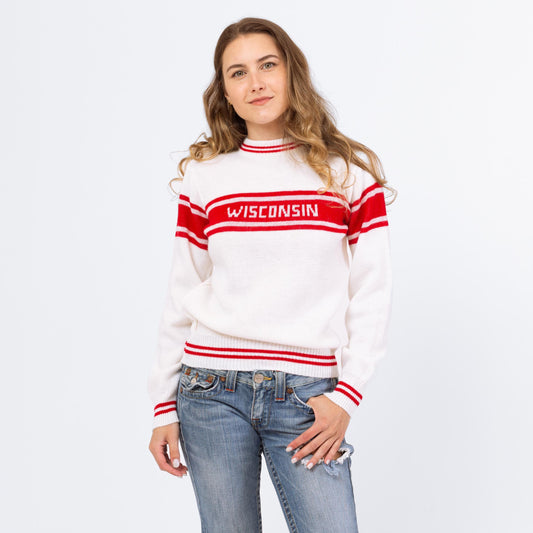 Vintage 80s University Of Wisconsin Knit Sweater - Small | White Red Striped Pullover, Collegiate Sports Sweater