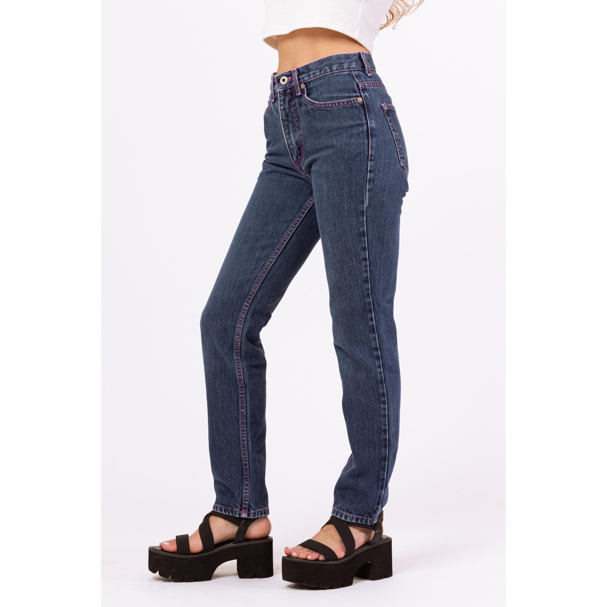 Vintage 90s Guess Mid Rise Pink Stitch Logo Jeans - XXS | Dark Wash Denim Y2K Skinny Jeans, 2000s Streetwear Jeans