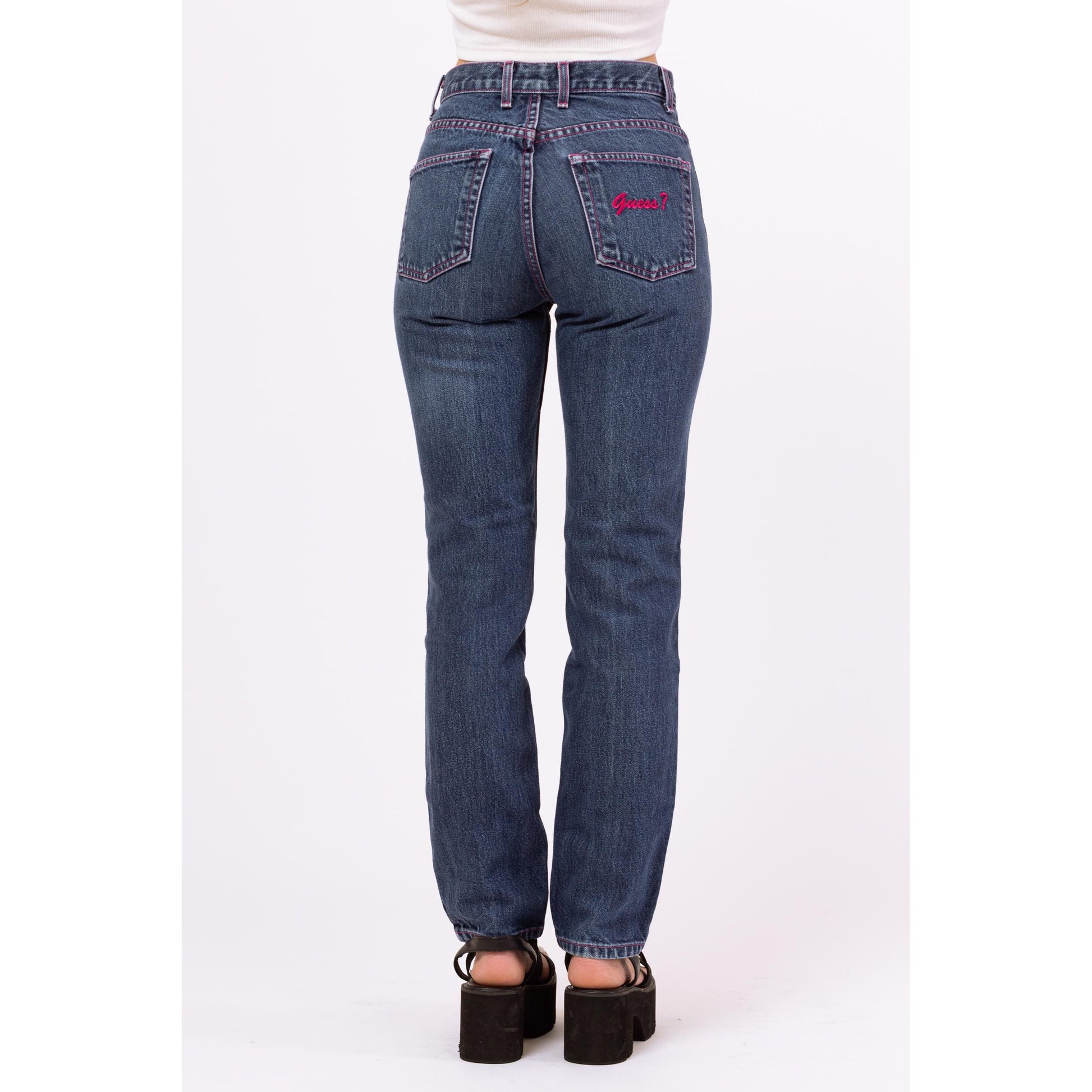 Vintage 90s Guess Mid Rise Pink Stitch Logo Jeans - XXS | Dark Wash Denim Y2K Skinny Jeans, 2000s Streetwear Jeans