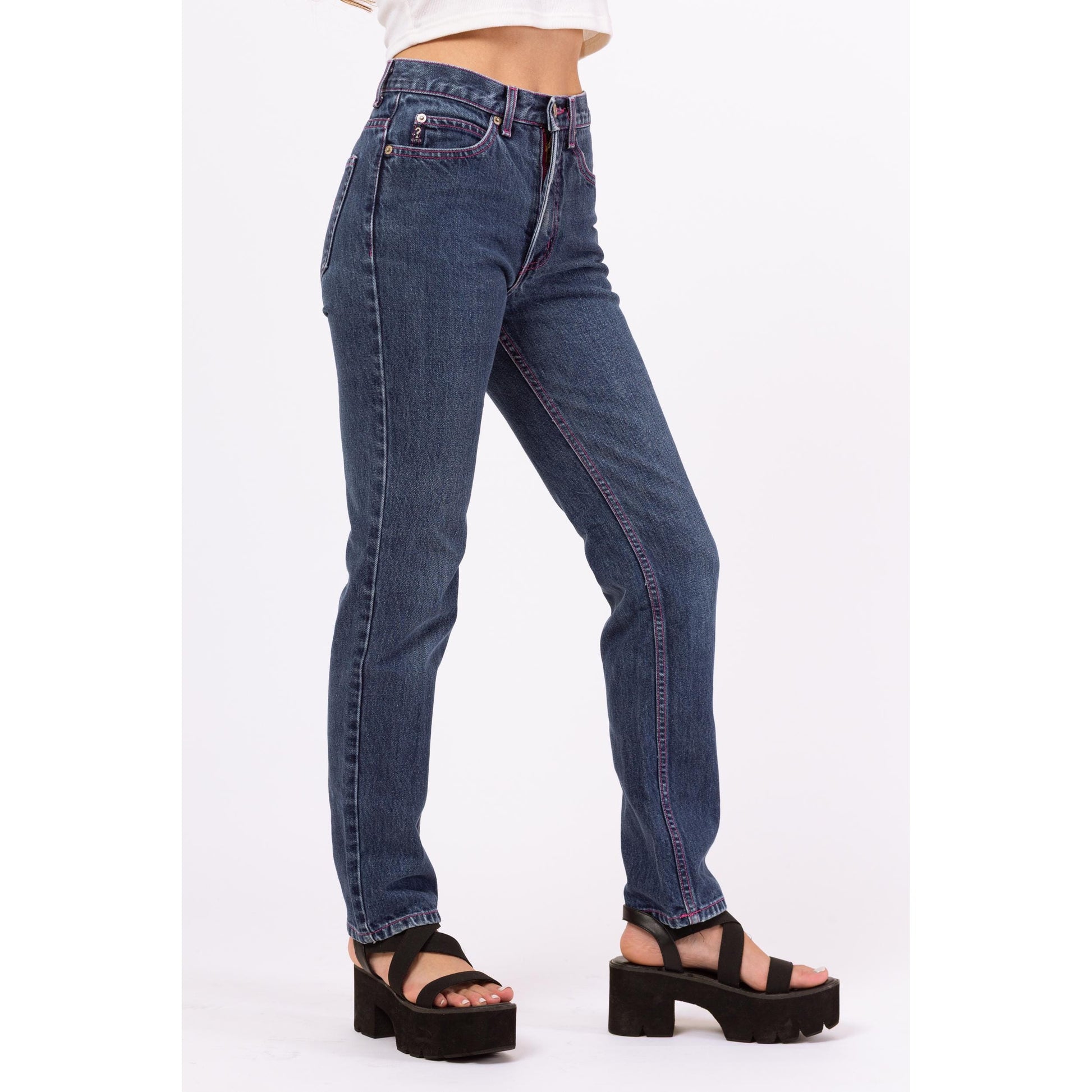 Vintage 90s Guess Mid Rise Pink Stitch Logo Jeans - XXS | Dark Wash Denim Y2K Skinny Jeans, 2000s Streetwear Jeans