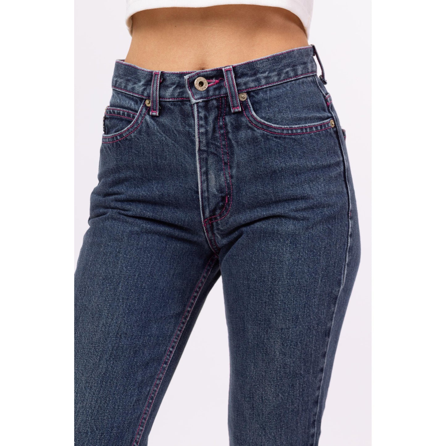 Vintage 90s Guess Mid Rise Pink Stitch Logo Jeans - XXS | Dark Wash Denim Y2K Skinny Jeans, 2000s Streetwear Jeans