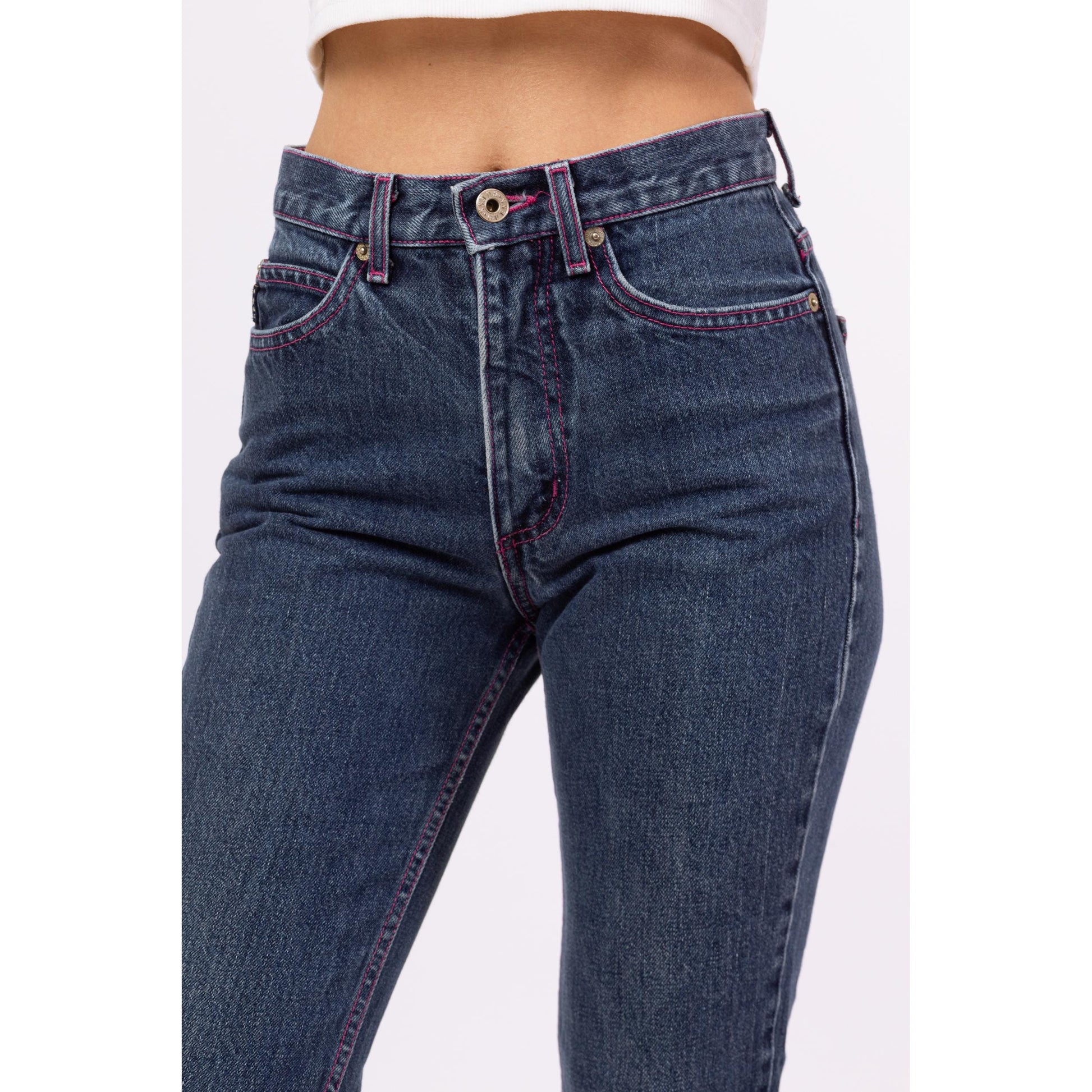 Vintage 90s Guess Mid Rise Pink Stitch Logo Jeans - XXS | Dark Wash Denim Y2K Skinny Jeans, 2000s Streetwear Jeans