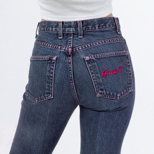 Vintage 90s Guess Mid Rise Pink Stitch Logo Jeans - XXS | Dark Wash Denim Y2K Skinny Jeans, 2000s Streetwear Jeans
