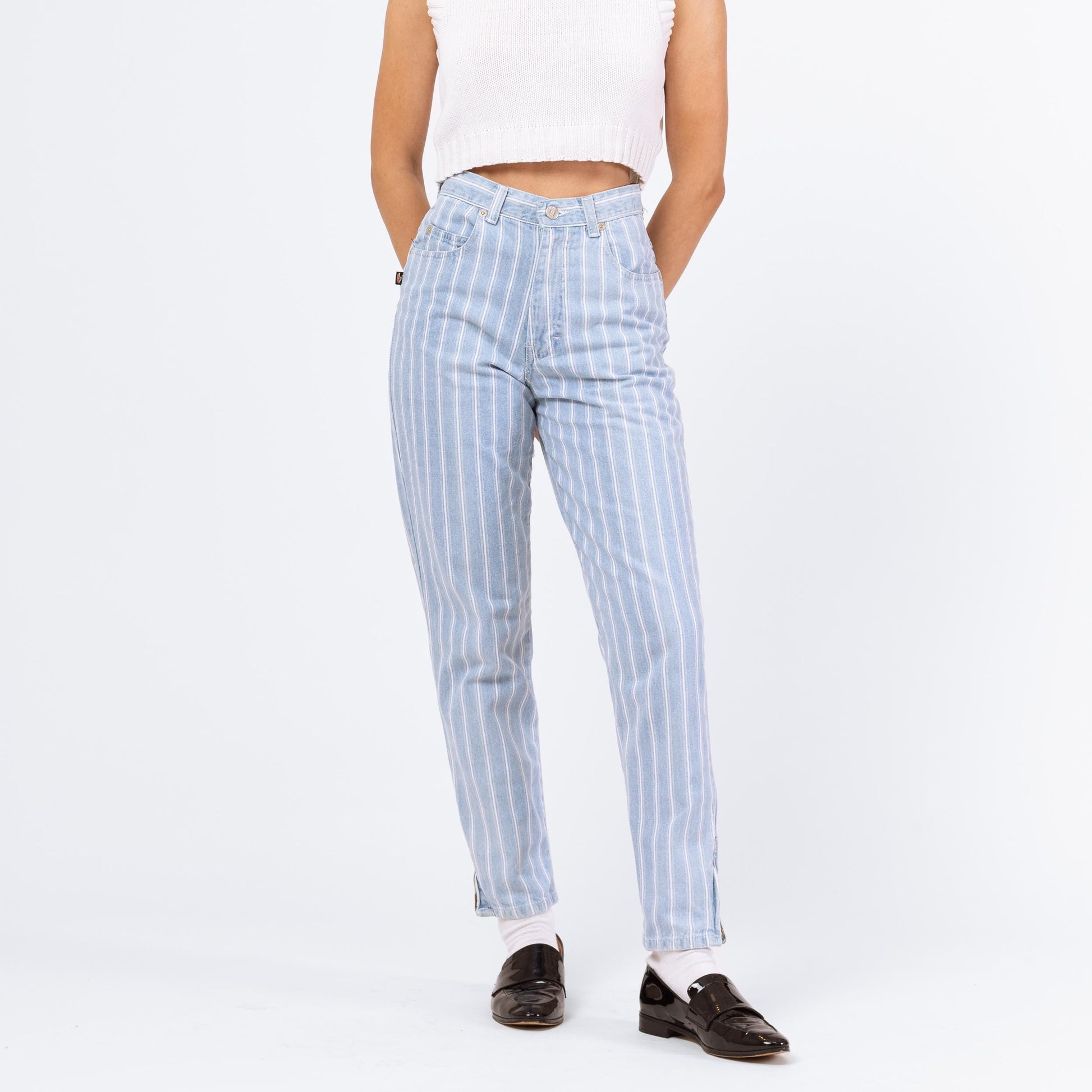 Vintage 80s Pinstriped High Waisted Jeans - Extra Small, 25" Waist | Light Blue Striped Denim Tapered Leg Casual Mom Jeans