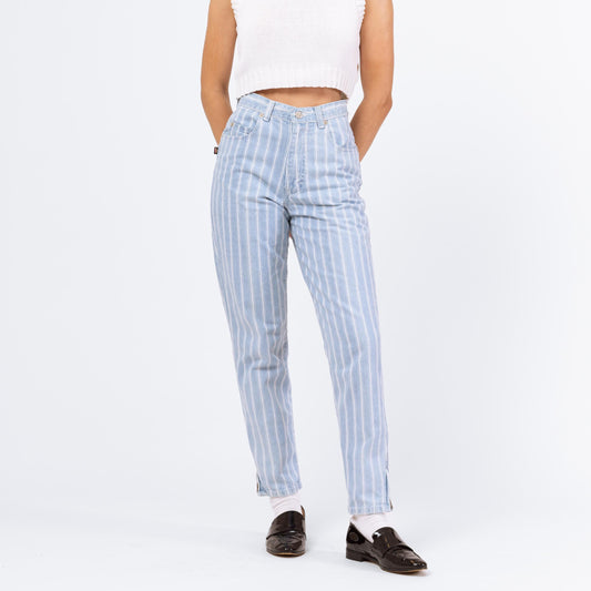 Vintage 80s Pinstriped High Waisted Jeans - Extra Small, 25" Waist | Light Blue Striped Denim Tapered Leg Casual Mom Jeans