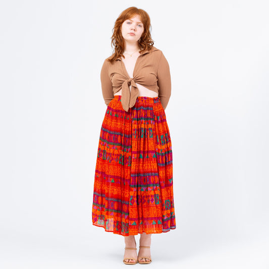 Vintage 90s Boho Orange Geometric Broomstick Skirt - Medium | Boho Gauzy Cotton Hippie Skirt, Long Flowy Skirt