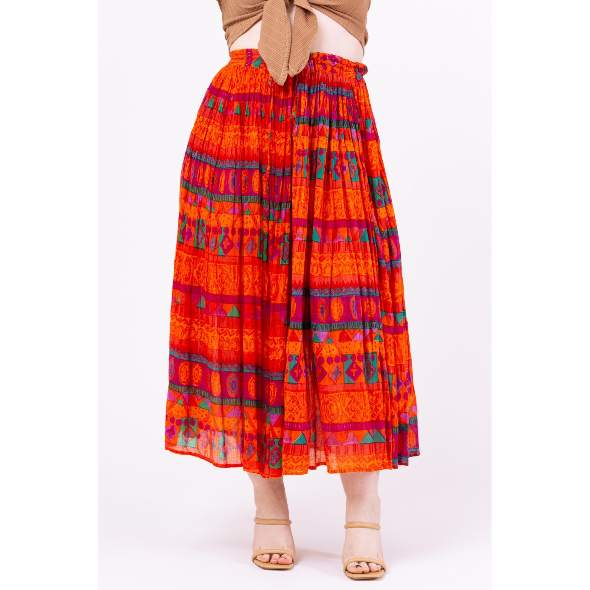 Vintage 90s Boho Orange Geometric Broomstick Skirt - Medium | Boho Gauzy Cotton Hippie Skirt, Long Flowy Skirt