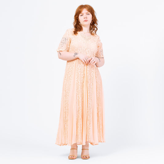 Vintage 90s Boho Peach Lace Maxi Sundress - Medium | Pink Orange Short Sleeve Summer Sundress, Sheer Layer Festival Outfit