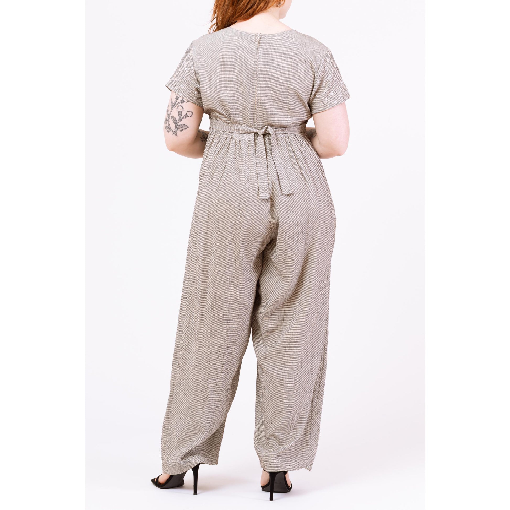 Vintage 90s Black & White Floral Houndstooth Jumpsuit - Large to XL | Eyelet Bodice Wide Leg Grunge Pantsuit
