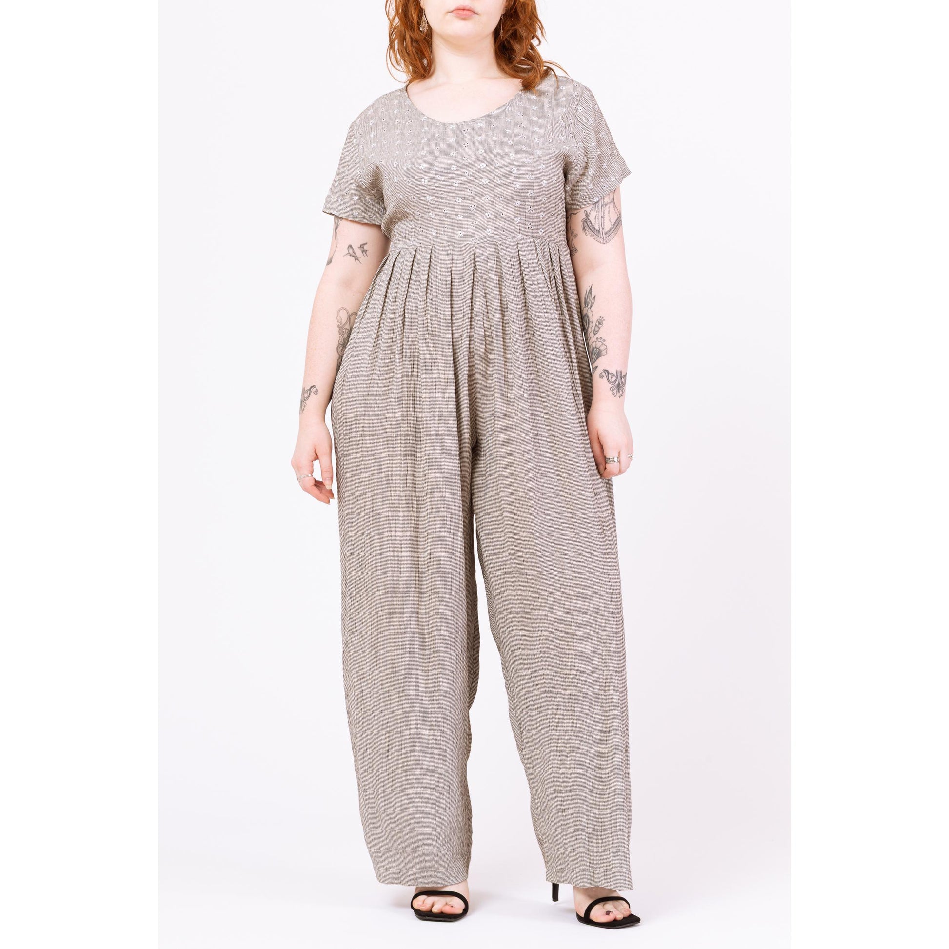 Vintage 90s Black & White Floral Houndstooth Jumpsuit - Large to XL | Eyelet Bodice Wide Leg Grunge Pantsuit