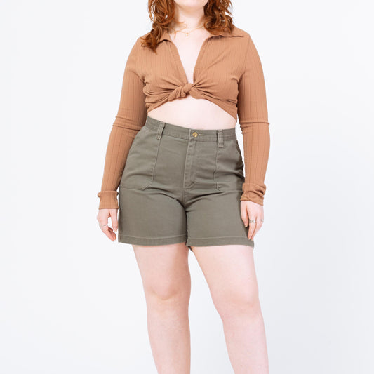Vintage 90s Olive Green Cotton Shorts - Large, 33" Waist | High Waisted Casual Mid Length Cargo Shorts