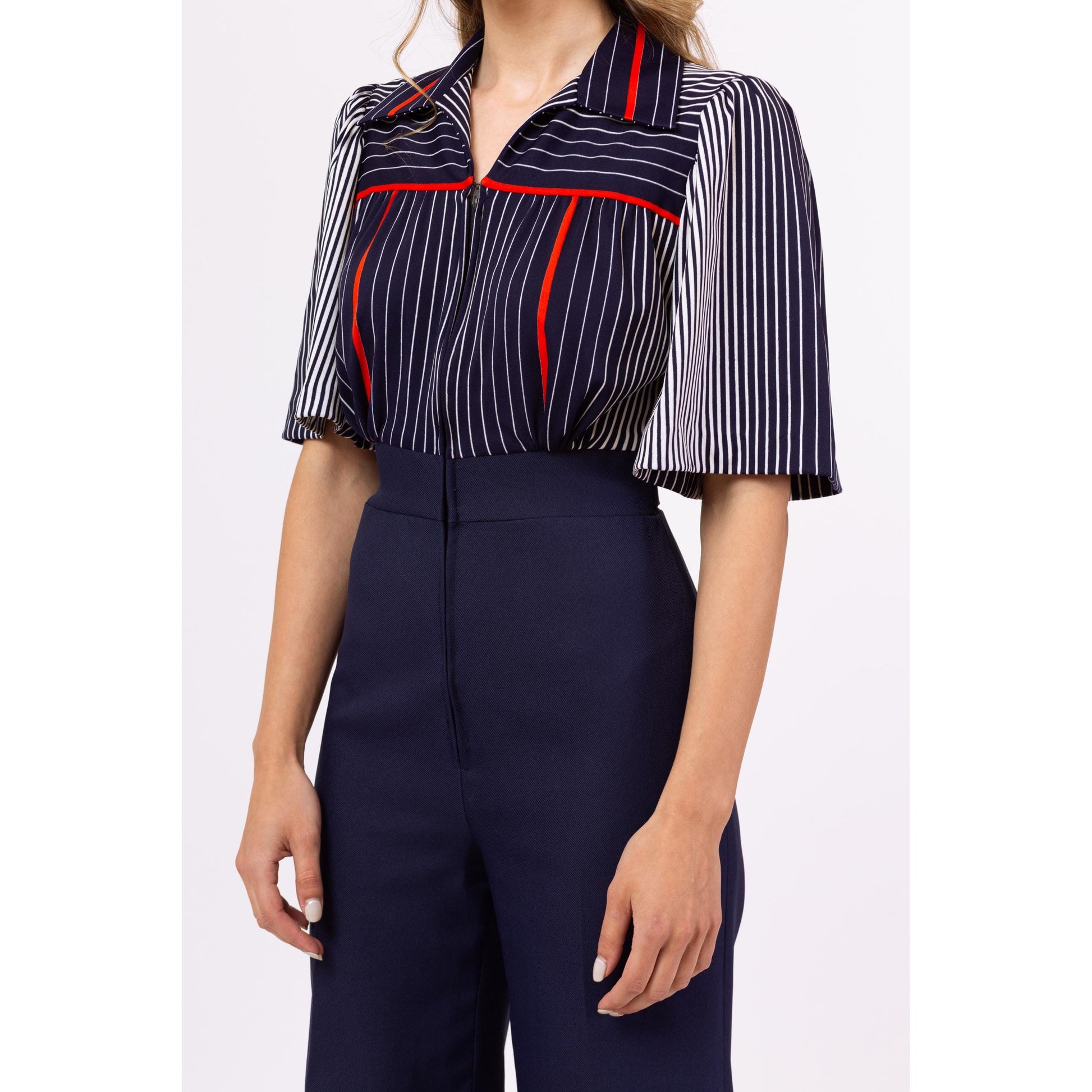 Vintage 70s Navy Blue Striped Disco Jumpsuit - Extra Small | Retro Flutter Sleeve Flared Leg One Piece Outfit Pantsuit