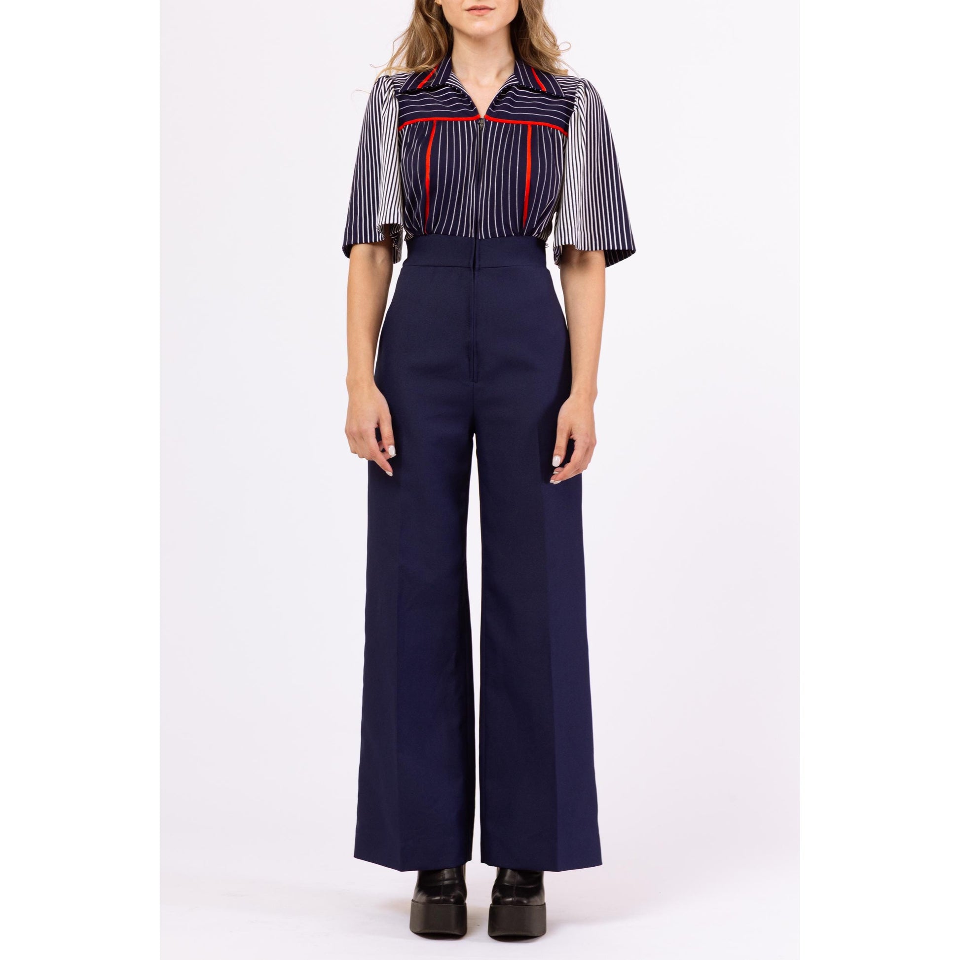 Vintage 70s Navy Blue Striped Disco Jumpsuit - Extra Small | Retro Flutter Sleeve Flared Leg One Piece Outfit Pantsuit