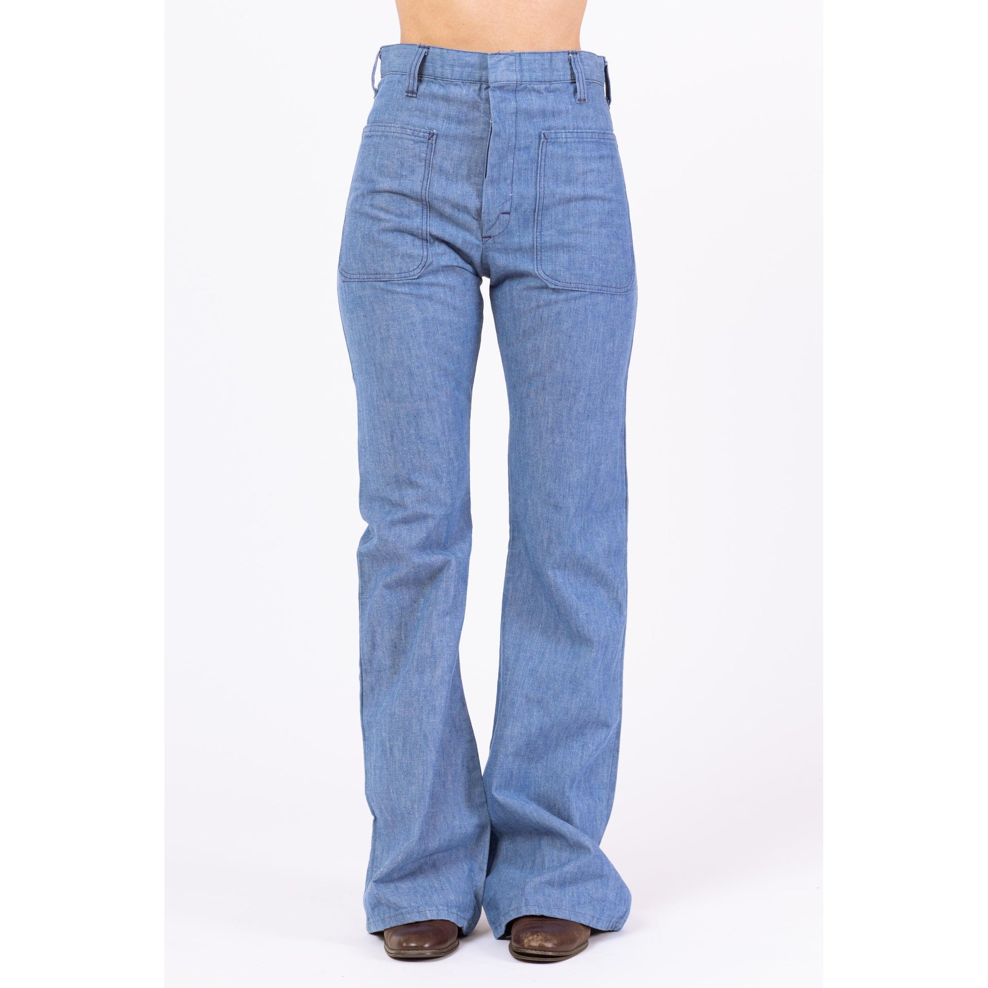 Vintage 70s Chambray Flare Sailor Jeans - Extra Small, 26x33 | High Rise Light Blue Cotton Bell Bottom Pants