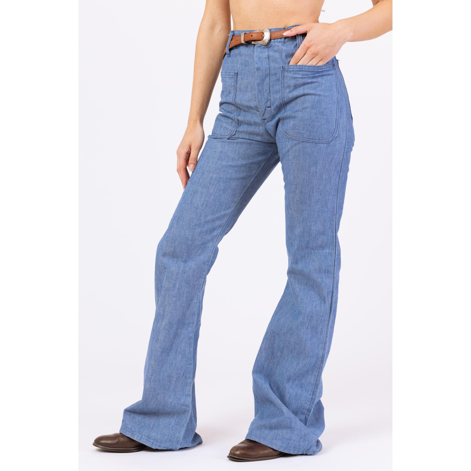Vintage 70s Chambray Flare Sailor Jeans - Extra Small, 26x33 | High Rise Light Blue Cotton Bell Bottom Pants