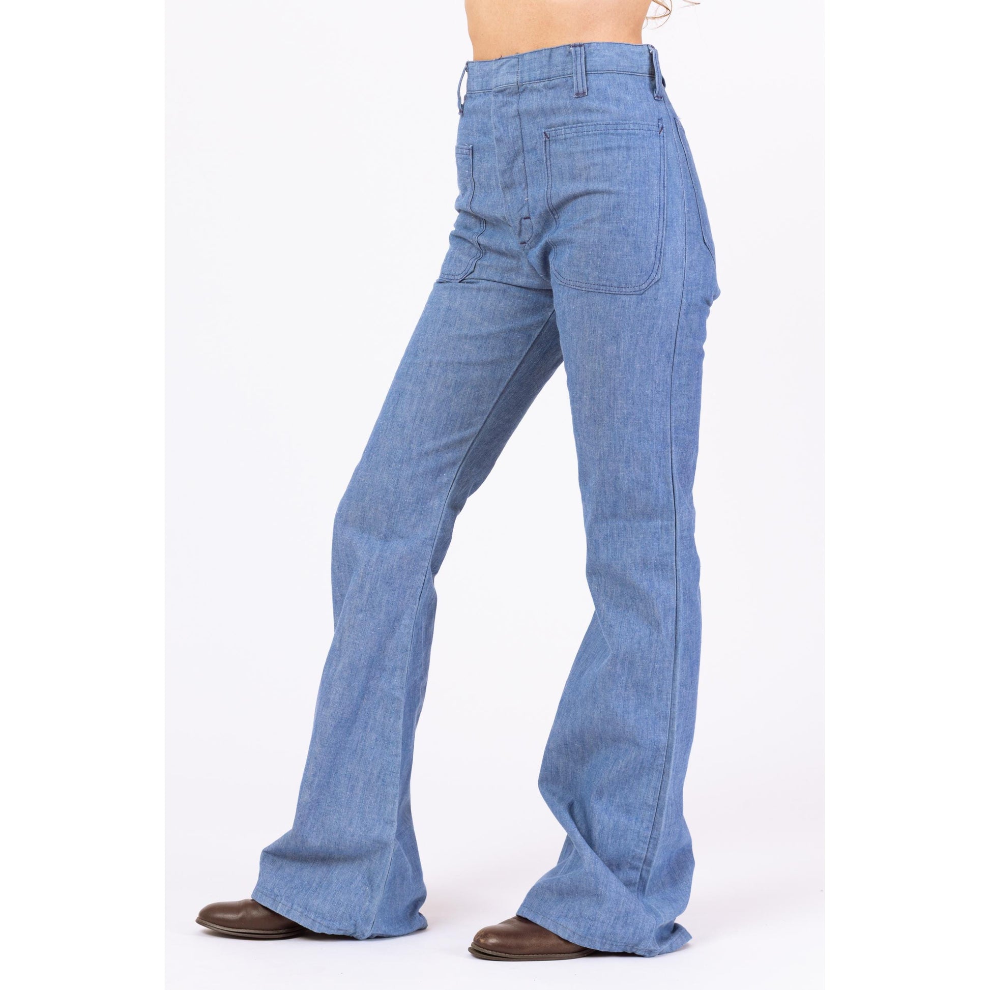 Vintage 70s Chambray Flare Sailor Jeans - Extra Small, 26x33 | High Rise Light Blue Cotton Bell Bottom Pants