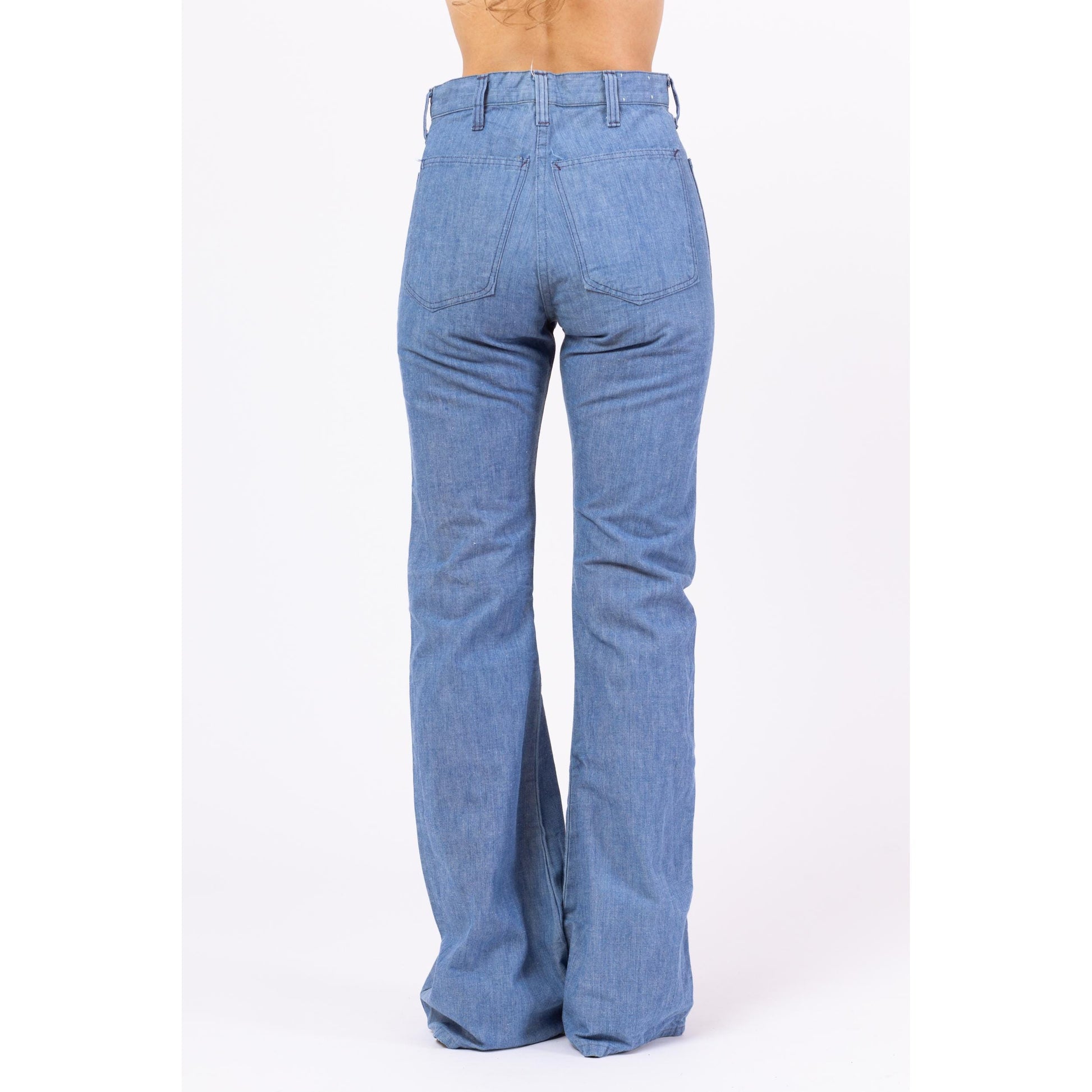 Vintage 70s Chambray Flare Sailor Jeans - Extra Small, 26x33 | High Rise Light Blue Cotton Bell Bottom Pants