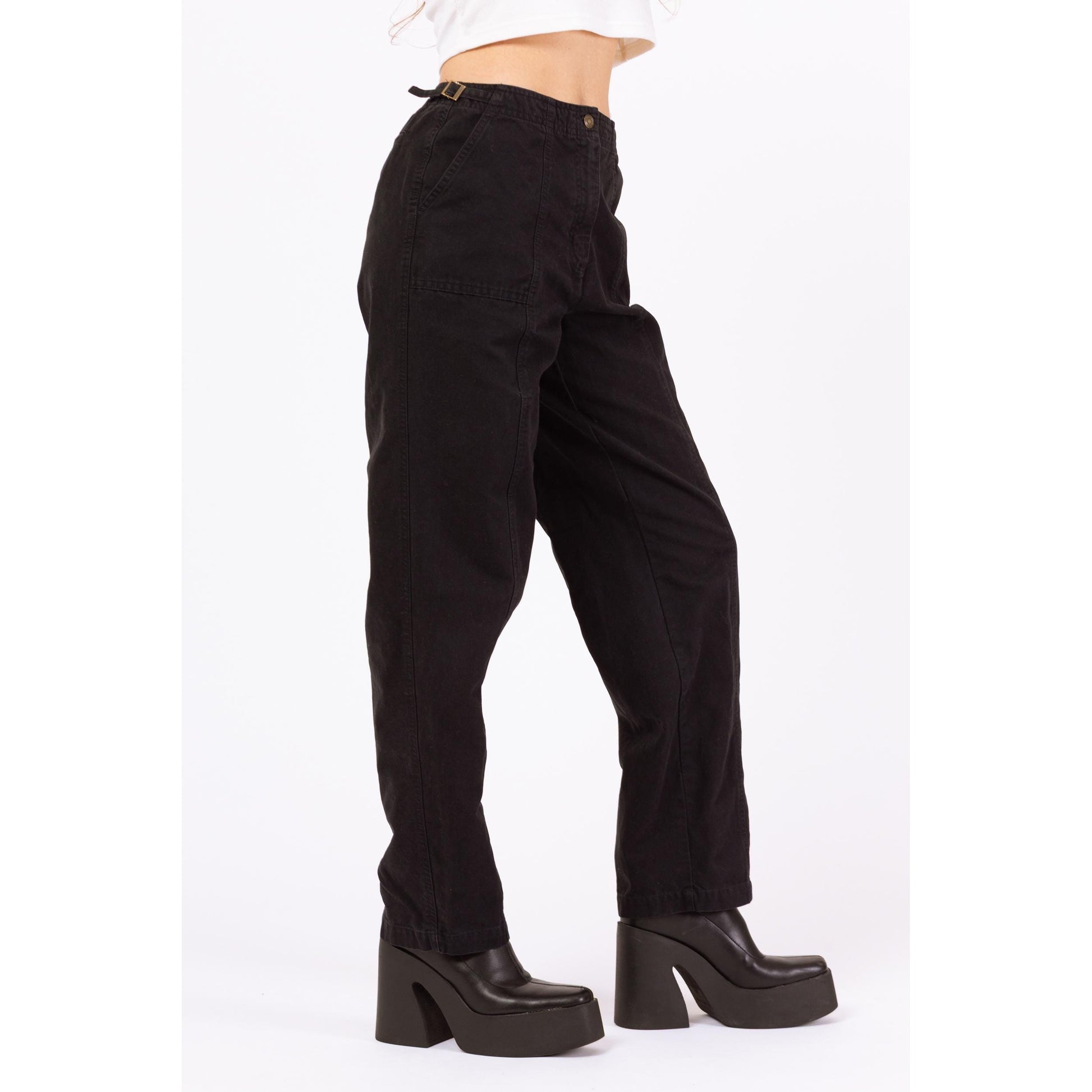 Vintage 90s Black Cinched Waist Cargo Pants - Extra Small, 24"-25" Waist | High Rise Adjustable Utility Cotton Streetwear Pants