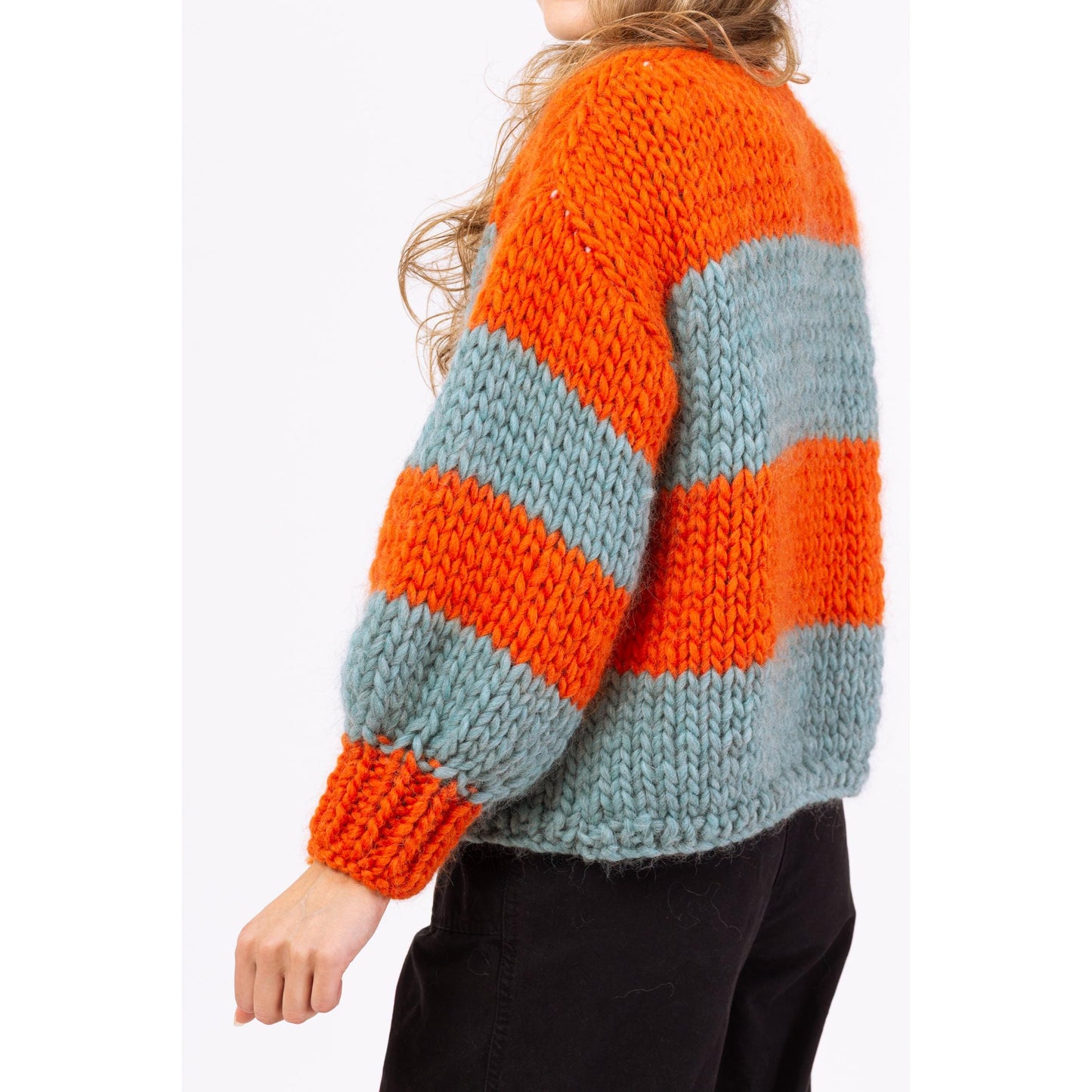 Vintage 70s Striped Chunky Knit Balloon Sleeve Cardigan - Petite Small | Handmade Orange & Blue Open Fit Wool Sweater