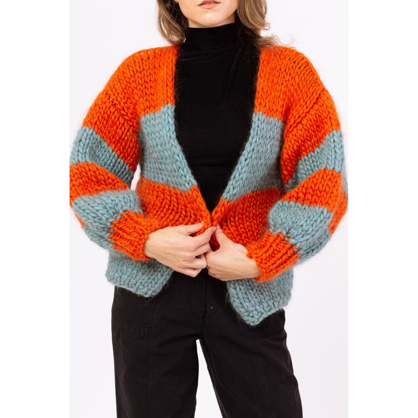 Vintage 70s Striped Chunky Knit Balloon Sleeve Cardigan - Petite Small | Handmade Orange & Blue Open Fit Wool Sweater