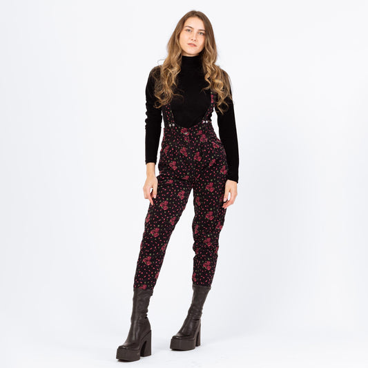 Vintage 80s Dark Floral Corduroy Pinafore Jumpsuit - Extra Small | Black Pink Rose Print Overalls, High Rise Suspender Pants