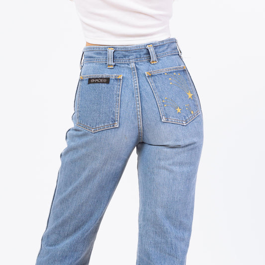 Vintage 70s Shooting Star Light Wash Straight Leg Jeans - Extra Small, 25" Waist | Embroidered High Rise Denim Mom Jeans