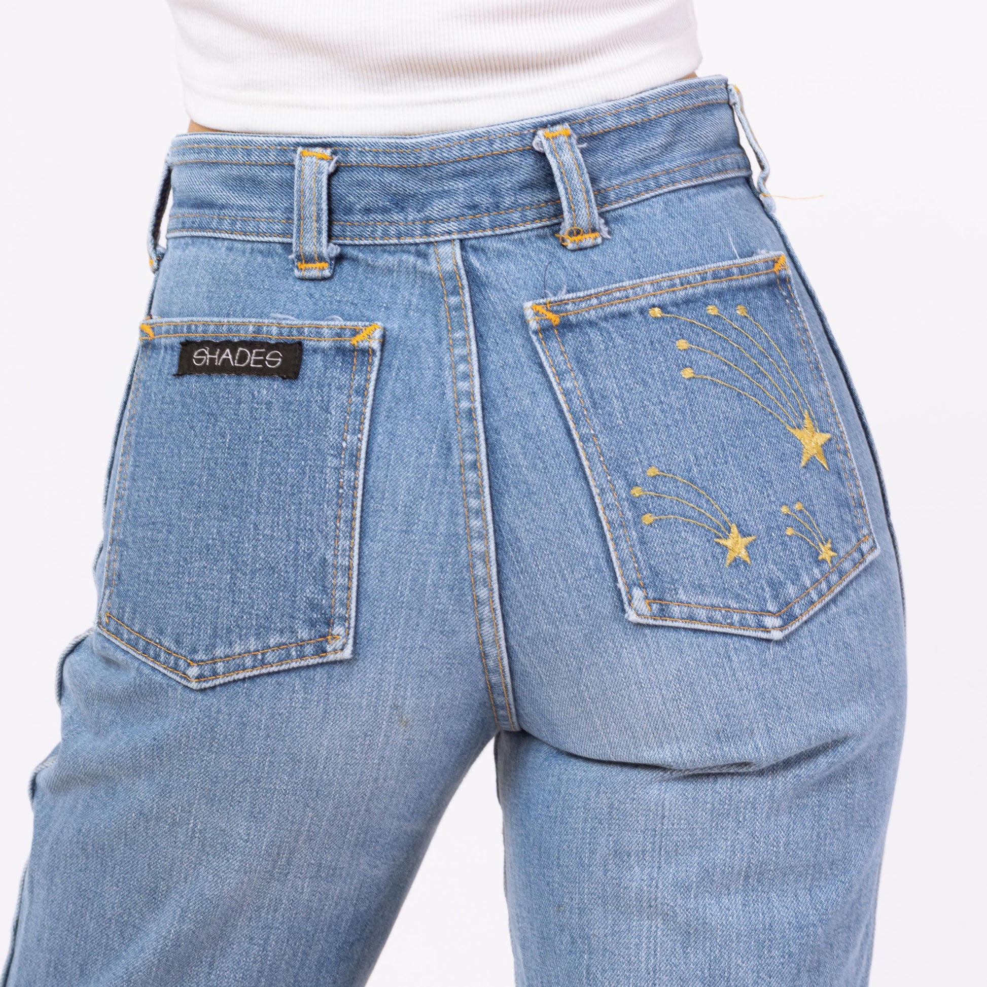 Vintage 70s Shooting Star Light Wash Straight Leg Jeans - Extra Small, 25" Waist | Embroidered High Rise Denim Mom Jeans
