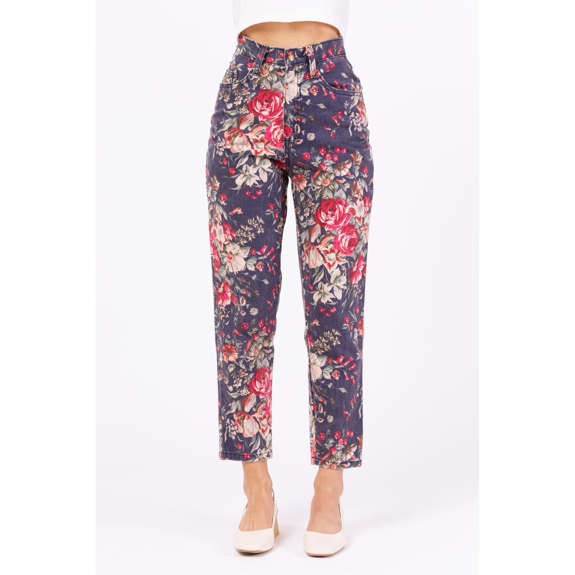Vintage 90s Rose Print High Rise Jeans - XXS, 23" Waist | Navy Blue Floral Denim Pants, Tapered Leg Mom Jeans
