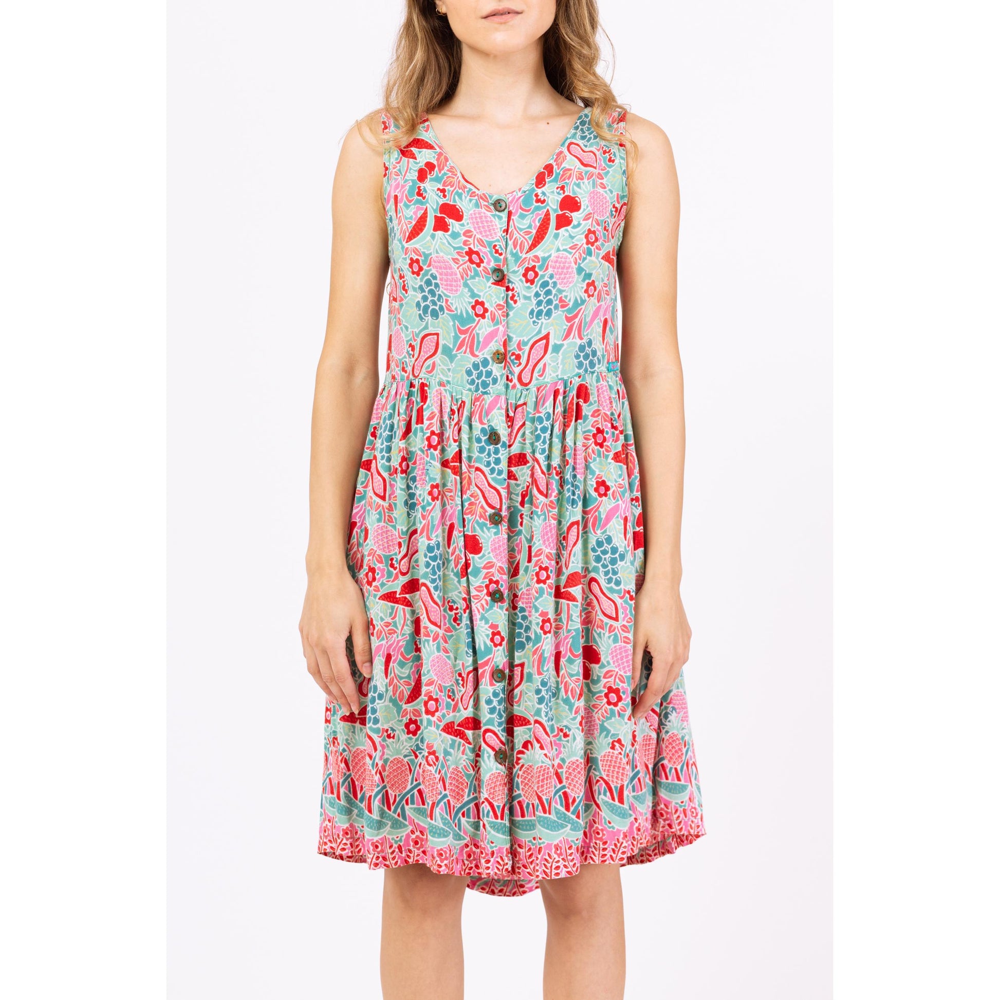 Vintage Y2K Fruit Print Sundress - XXS | Button Front Sleeveless Summer Dress, Boho Casual Festival Outfit
