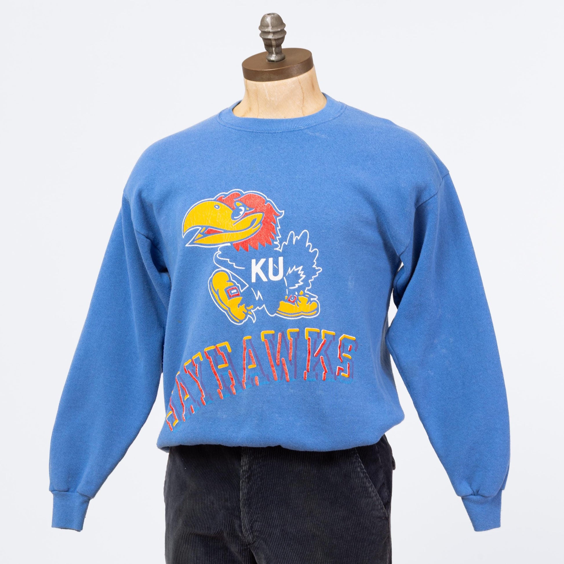 3 Vintage 90s University Of Kansas Jayhawks Sweatshirt - Medium to Large | Blue College Sports Crewneck Pullover Sweater