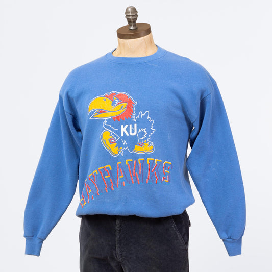 3 Vintage 90s University Of Kansas Jayhawks Sweatshirt - Medium to Large | Blue College Sports Crewneck Pullover Sweater