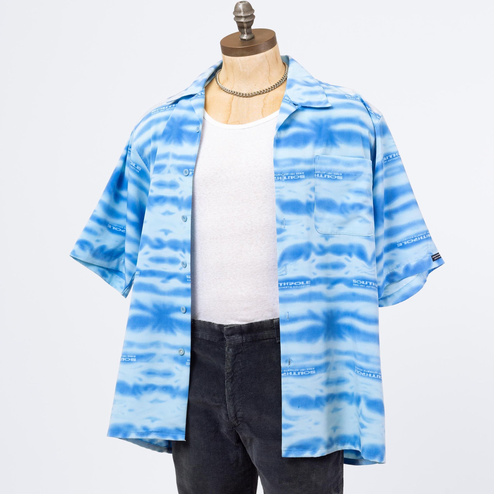 3 Vintage Y2K Southpole Blue Water Print Collared Shirt - Large | Streetwear Oversized All Over Print Short Sleeve Button Up Top