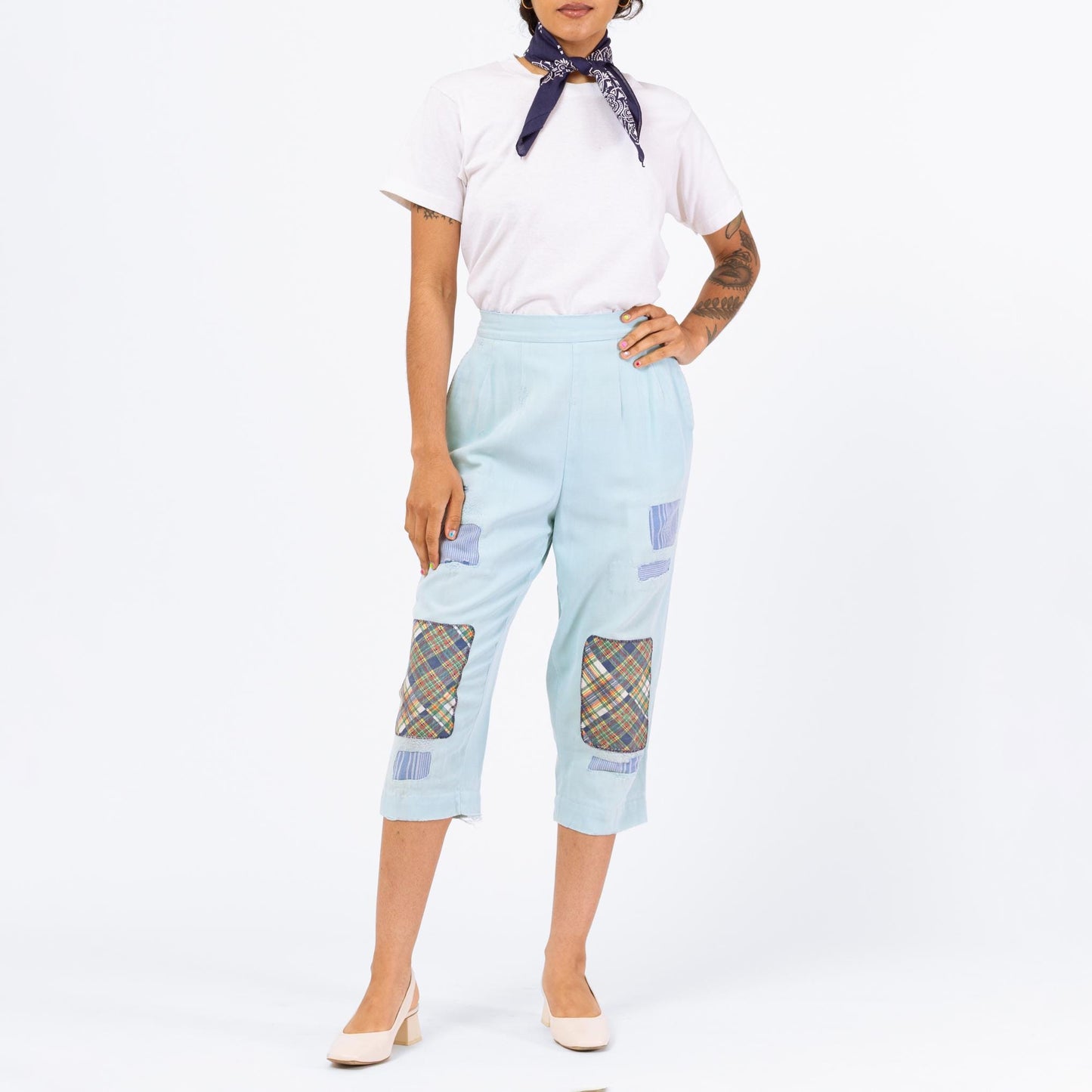 Vintage 1940s Patchwork Pastel Blue Pedal Pushers - Small, 26" Waist | True Vintage 40s High Waisted Cropped Capri Pants