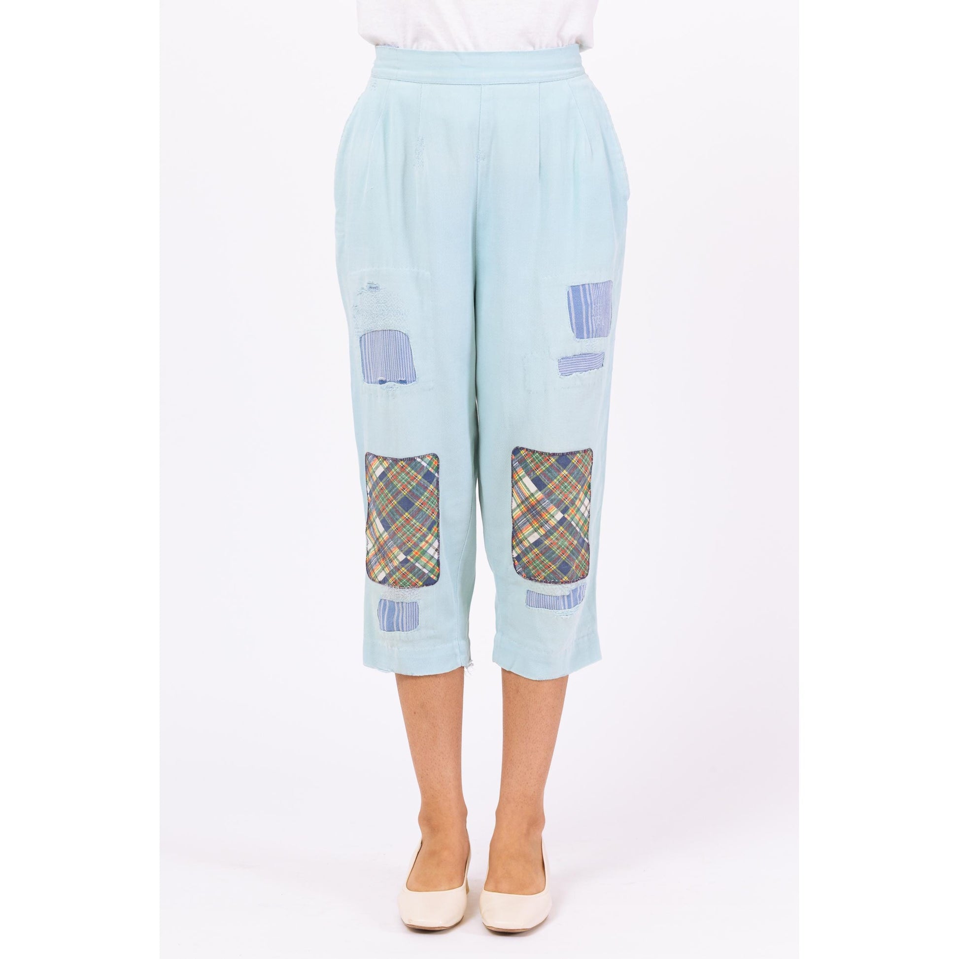 Vintage 1940s Patchwork Pastel Blue Pedal Pushers - Small, 26" Waist | True Vintage 40s High Waisted Cropped Capri Pants
