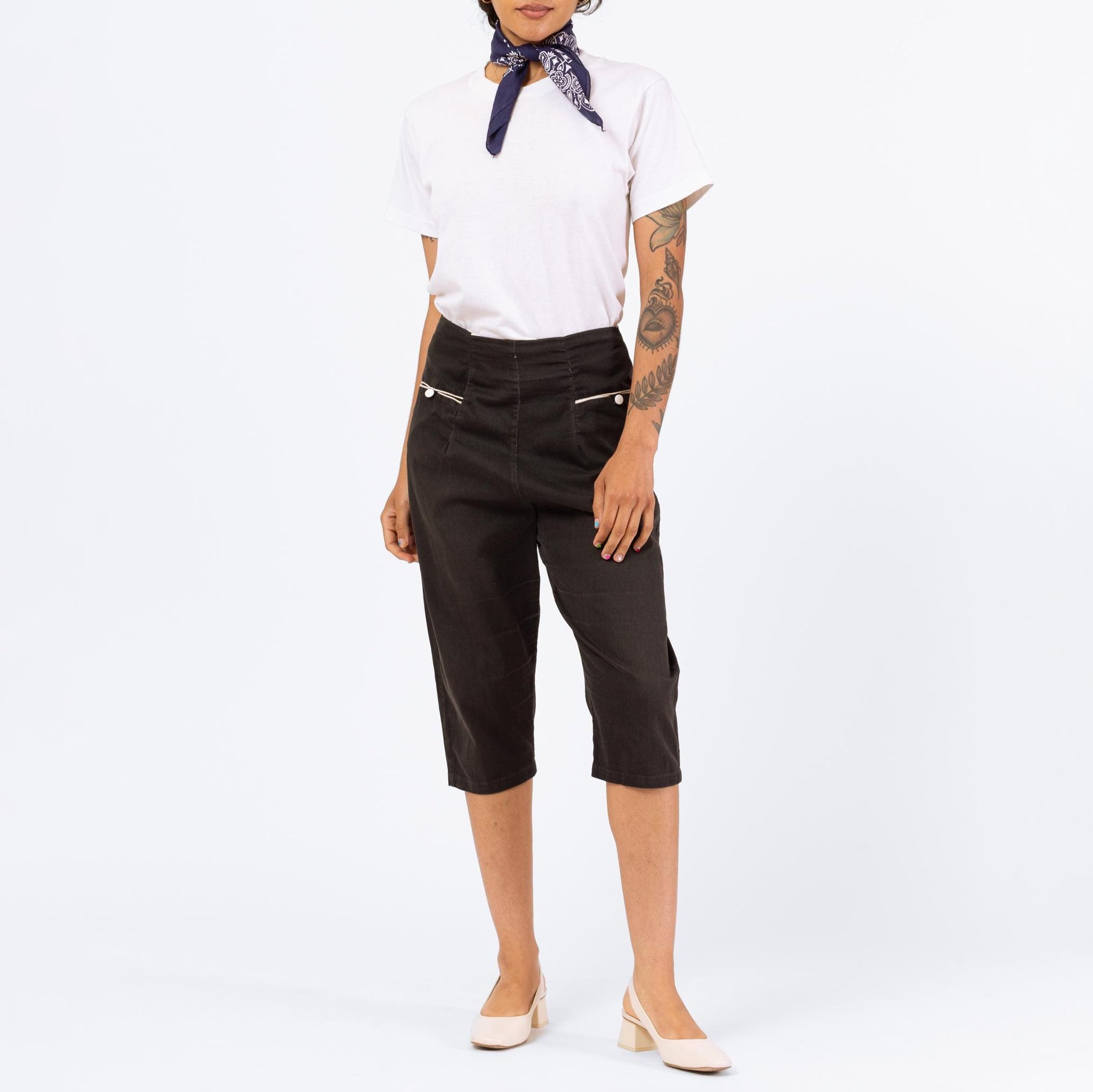 Vintage 1950s Black Twill Pedal Pushers - Small, 27" Waist | 50s High Rise Cropped Cotton Capris, Retro Knickers