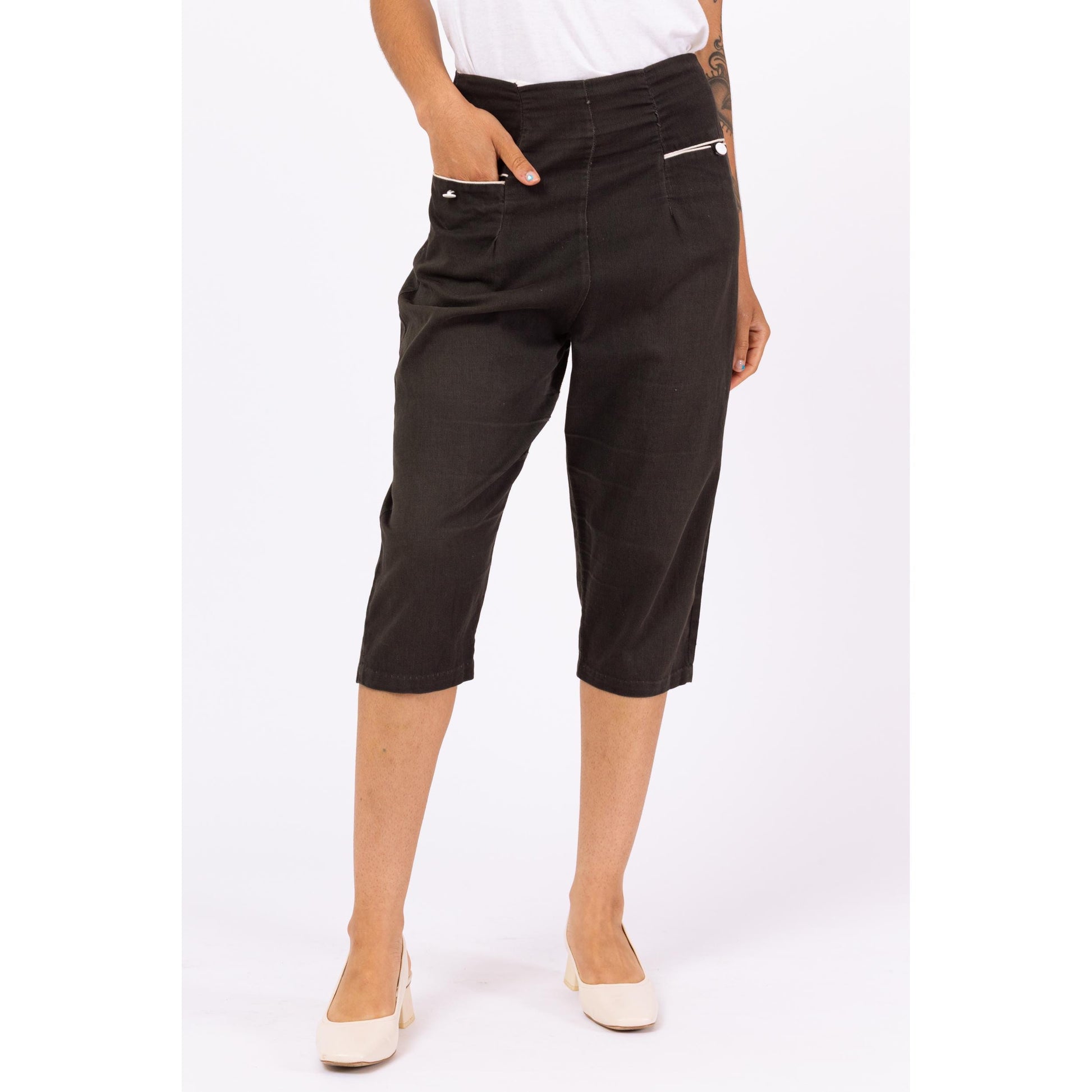 Vintage 1950s Black Twill Pedal Pushers - Small, 27" Waist | 50s High Rise Cropped Cotton Capris, Retro Knickers
