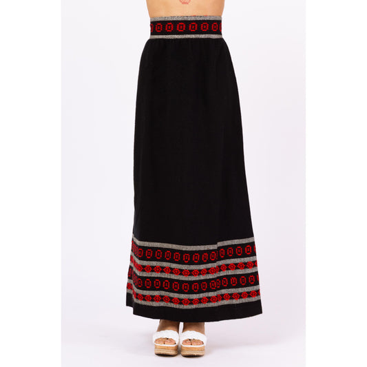 Vintage 70s Woven Black & Red Wool Maxi Skirt - Small, 27" Waist | Geometric Knit Long Skirt, Boho Folk Winter Skirt